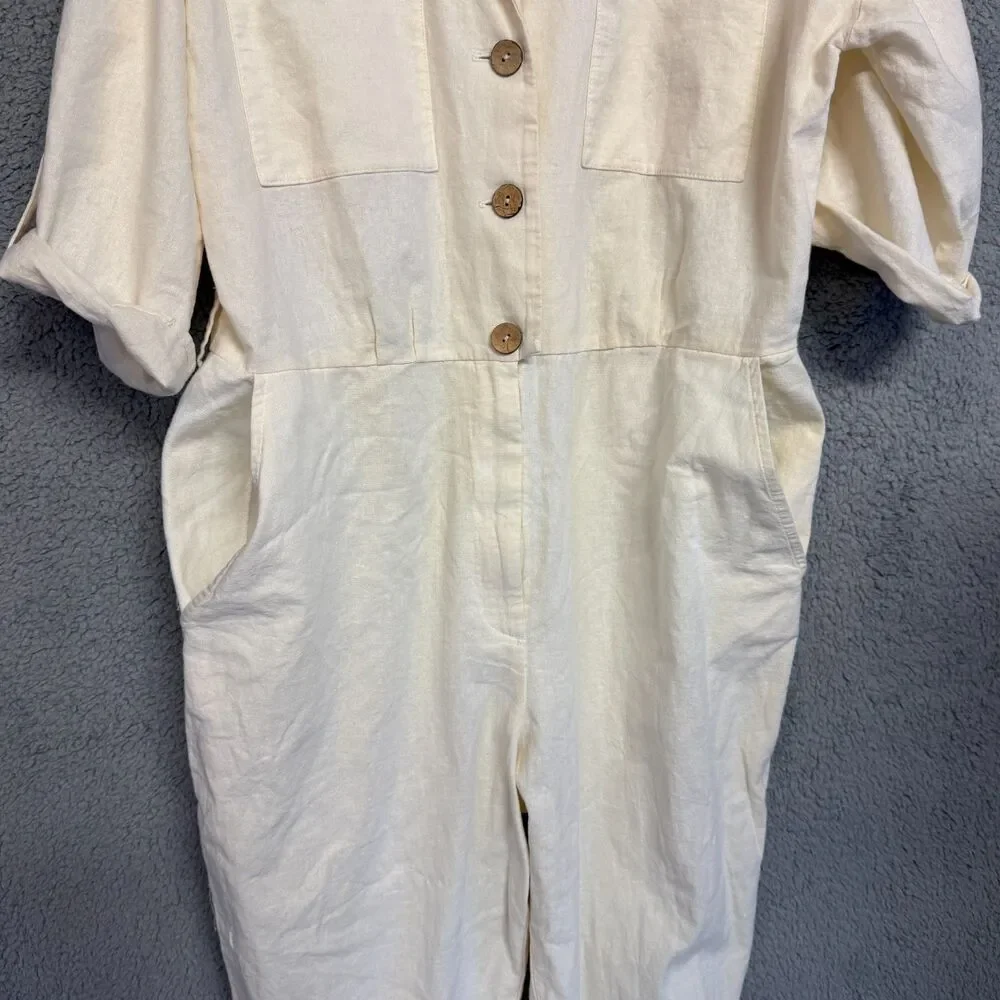 ZARA Linen Blend Jumpsuit Womens L White Roll Tab Sleeves Button Collar Resort